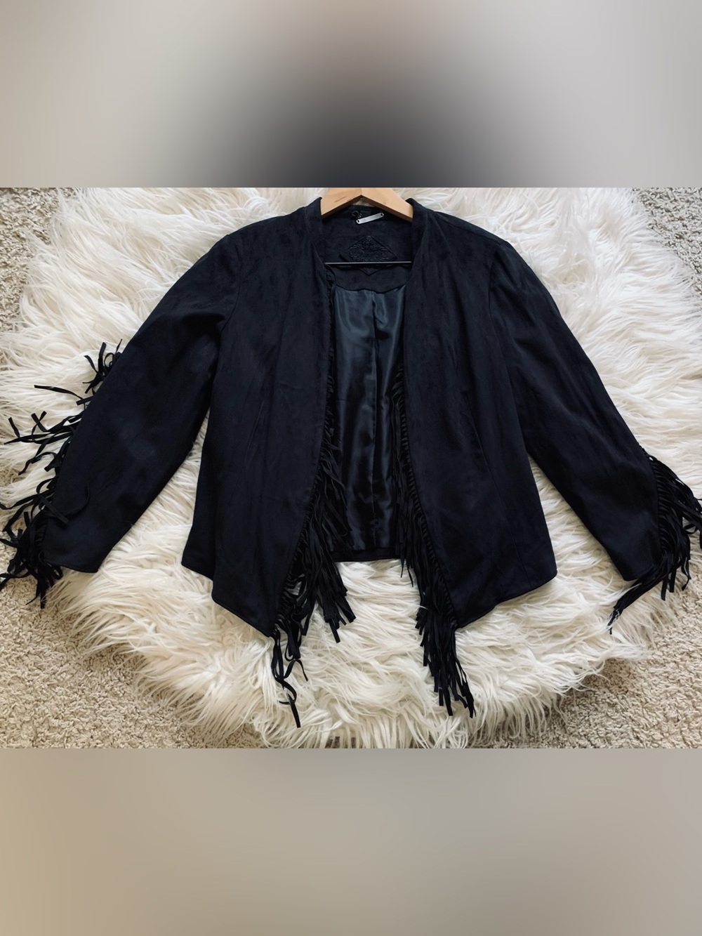 Jou Jou Faux Suede Fringe Jacket Black Size Large
